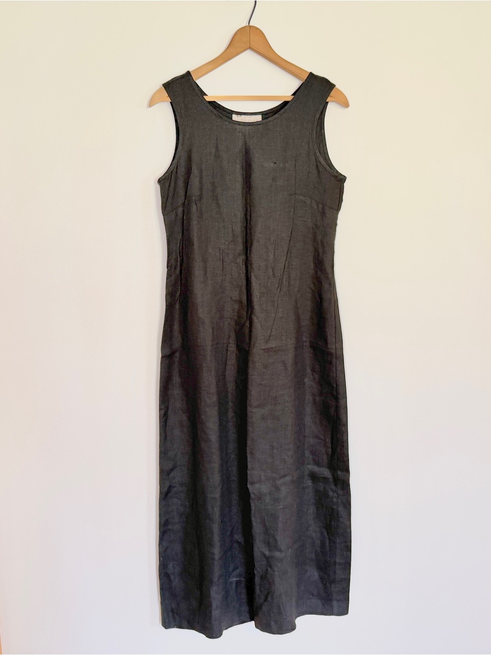 Earth Song Black 100% Linen Midi Dress Size 4 Sleeveless Tie Waist Made in USA